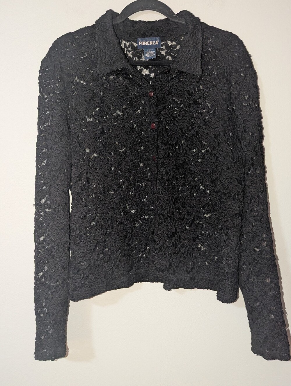 L Forenza Vintage 90s Black Lace Collared Button Up Shirt